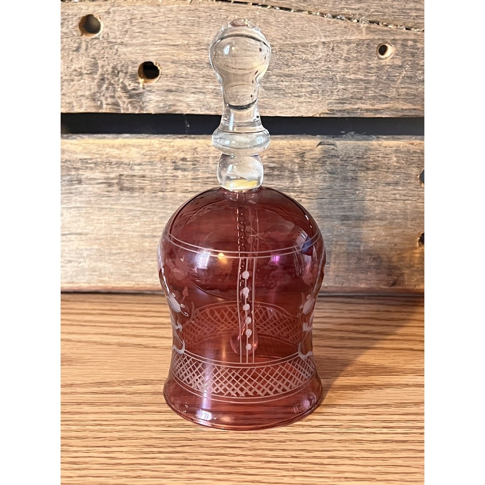 Clear and Raspberry Glass Bell Etched Florals Hand Blown Vintage Granny Core MCM - Picture 2 of 6